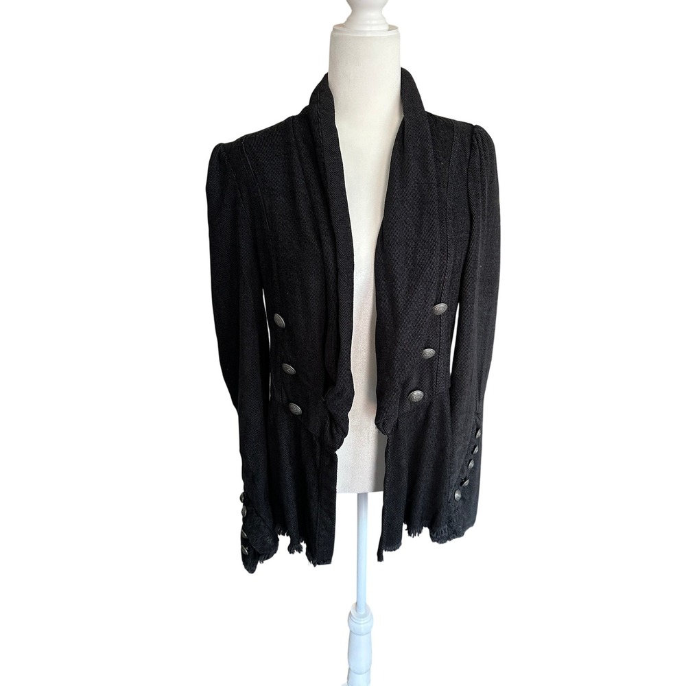 Free People Black Military Knit Blazer Cardigan Peplum Frayed Hem xSmall